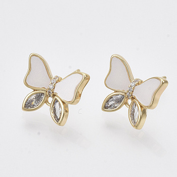 Brass Micro Pave Clear Cubic Zirconia Stud Earring Findings, with Enamel and Loop, Nickel Free, Butterfly, Real 18K Gold Plated, 11.5x13.5mm, Hole: 1.2mm, Pin: 0.8mm