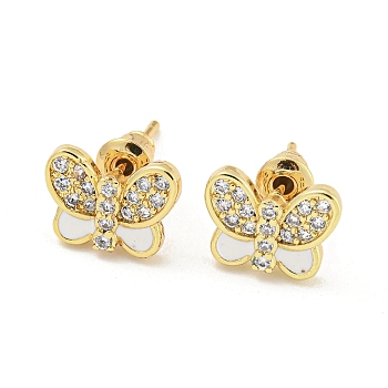 Butterfly Real 18K Gold Plated Brass Stud Earrings, with Enamel and Clear Cubic Zirconia, White, 8.5x11.5mm