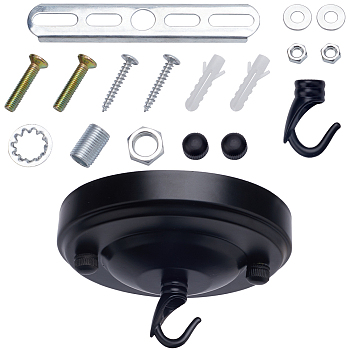 Iron Light Fixture Ceiling Canopy Kits, with Screws, Hanger Hooks & Plastic Findings, Flat Round, Black, 104x26mm, Hole: 6mm & 12mm