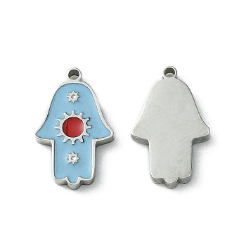 304 Stainless Steel Manual Polishing Charms, with Enamel, Hamsa Hand/Hand of Miriam with Sun, Stainless Steel Color, 12x7.5x1.5mm, Hole: 0.9mm