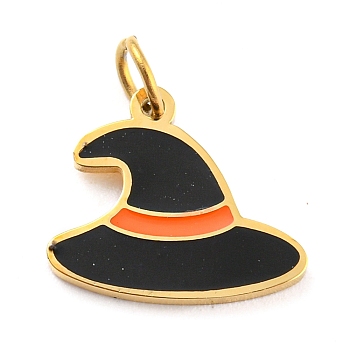 Halloween 304 Stainless Steel Charms, with Enamel and Jump Ring, Real 14K Gold Plated, Witch Hat Charm, Black, 10x12x1mm, Hole: 3mm