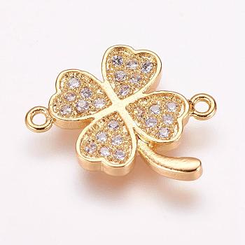 Brass Micro Pave Cubic Zirconia Links, Clover, Golden, 14.5x16.5x2mm, Hole: 1mm