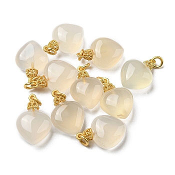 Natural White Agate Pendants, Heart Charms with Brass Jump Rings, Matte Gold Color, 19x13x8mm, Hole: 3mm