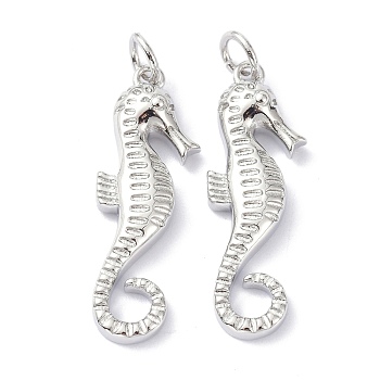 Eco-Friendly Brass Pendants, with Jump Ring, Long-Lasting Plated, Sea Horse, Real Platinum Plated, 26.5x9x3mm