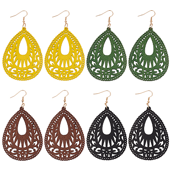 4 Pairs 4Colors Wood Dangle Earrings for Women, Hollow Teardrop, Mixed Color, 92x49mm, 1 Pair/color