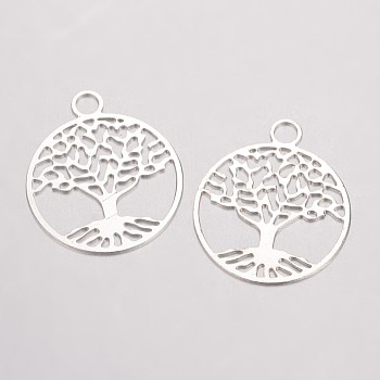 Brass Filigree Pendants, Flat Round with Tree of Life, Silver Color Plated, 23.5x20x0.5mm, Hole: 3mm