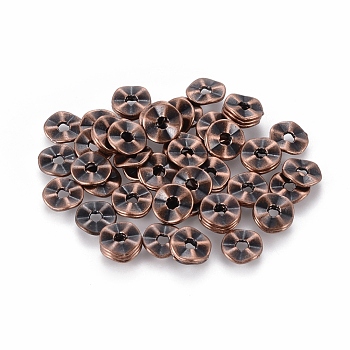 Tibetan Style Wavy Spacer Beads, Lead Free and Nickel Free, Flat Round, Red Copper Color, Size: about 7mm in diameter, 1mm thick, hole: 1mm