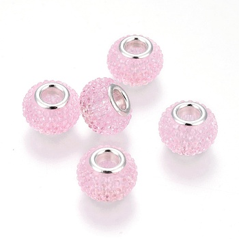 Resin Rhinestone European Beads, with Silver Color Plated Brass Cores, Large Hole Beads, Rondelle, Berry Beads, Pearl Pink, 14x10mm, Hole: 5mm
