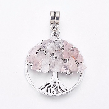 Alloy European Dangle Charms, with Natural Rose Quartz Chips, Flat Round with Tree, Antique Silver, 38mm, Hole: 4mm, 28x25x4~5mm