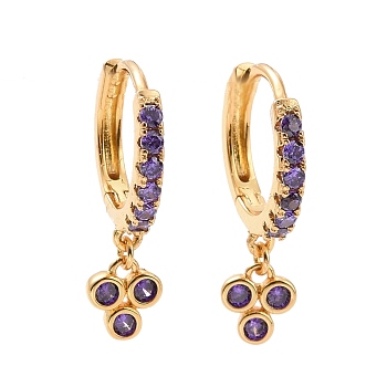 Purple Cubic Zirconia Grape Dangle Hoop Earrings, Rack Plating Brass Jewelry for Women, Cadmium Free & Lead Free, Real 18K Gold Plated, 20.5mm, Pin: 1mm
