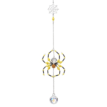 Spider Glass Beaded Hanging Ornaments, Round Tassel for Home Garden Decorations, Yellow, 275mm
