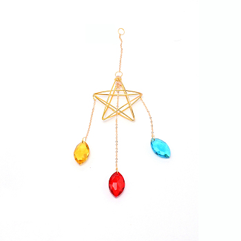 Colorful Glass Hanging Crystal Pendant Ornament, with Star Iron Finding, for Window Home Decoration, Golden, 300mm