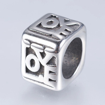 304 Stainless Steel Beads, Cuboid with Word LOVE, Antique Silver, 10x7x10mm, Hole: 6.5mm