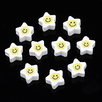 Handmade Polymer Clay Beads, Star with Smiling Face, White, 7.5~9x8.5~9x3.5~4mm, Hole: 1.6mm