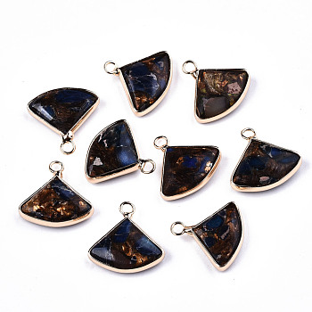 Fan Assembled Synthetic Bronzite and Regalite/Imperial Jasper Pendants, with Iron Loop and Brass Edge, Light Gold, Dyed, Blue, 18~21x18~20.5x5~6mm, Hole: 2mm