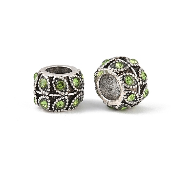 Antique Silver Plated Alloy Rhinestone Large Hole European Beads, Rondelle with Leaf, Peridot, 9x7mm, Hole: 5mm