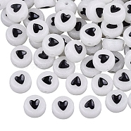 Luminous White Acrylic Beads, Flat Round with Black Heart, 7x3.5~4mm, Hole: 1.2mm, about 1436pcs/200g(MACR-SZ0001-43)