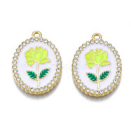 Rack Plating Alloy Enamel Pendants, with Crystal Rhinestone, Cadmium Free & Nickel Free & Lead Free, Light Gold, Oval with Flower of Life, Green Yellow, 27x19.5x2.5mm, Hole: 1.6~1.8mm(PALLOY-S132-337G)