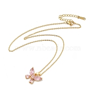 Pink Cubic Zirconia Pendant Necklace, Golden Brass Jewelry for Women, Butterfly Pattern, Butterfly: 15.5x18.5x5mm, 16.54 inch(42cm)(NJEW-H161-01H)