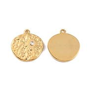 Ion Plating(IP) 304 Stainless Steel Pendants, with Rhinestone, Flat Round with Sun Charm, Real 18K Gold Plated, 17x16x2mm, Hole: 1mm(STAS-D051-30G)