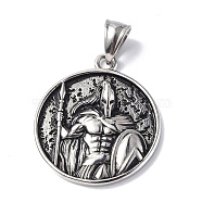 304 Stainless Steel Pendants, Flat Round with Spartan/Warrior Men Charm, Antique Silver, 35x30x6mm, Hole: 9.5x5mm(STAS-C065-12AS)