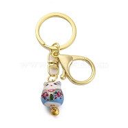 Fortune Cat Porcelain Pendant Keychain, with Iron Keychain Ring and Alloy Lobster Claw Clasps, Light Sky Blue, 8.7cm(KEYC-G064-02C)