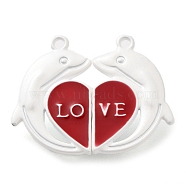 Spray Painted Alloy Enamel Magnetic Clasps, Dolphin with Love Heart, White, FireBrick, 26x32.5x6.5mm, Hole: 1.8mm(PALLOY-Q461-05)
