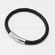 Braided Leather Cord Bracelets, with 304 Stainless Steel Bayonet Clasps, Black, 210x6mm(BJEW-I200-13)
