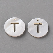 Natural Freshwater Shell Pendants, Flat Round with Letter, Letter.T, 12x1.5mm, Hole: 1mm(SHEL-Q311-008T)