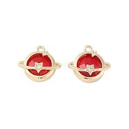 Golden Plated Brass Pendans, with Clear Cubic Zirconia and Glass, Planet Charms, Red, 15x16.5x6mm, Hole: 1.5mm(KK-L218-001G-01)