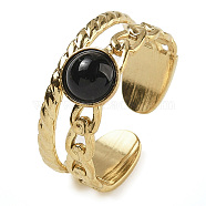 Natural Black Onyx Finger Rings, 304 Stainless Steel Open Cuff Rings, Real 18K Gold Plated, 8.5mm, Adjustable(RJEW-U027-06G-04)