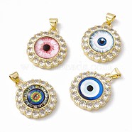 Rack Plating Brass Micro Pave Clear Cubic Zirconia Pendants, with Resin, Real 18K Gold Plated, Long-Lasting Plated, Cadmium Free & Lead Free, Flat Round with Evil Eye, Mixed Color, 23.5x19.5x7.5mm, Hole: 4x3mm(ZIRC-C041-38G)