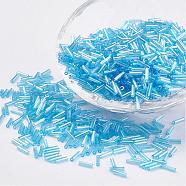 Glass Bugle Beads, Transparent Colours Rainbow, Cyan, 9x2mm, Hole: 0.5mm, about 7000pcs/bag(SEED-E001-9mm-163)