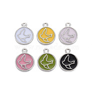 Brass Enamel Pendants, Nickel Free, Flat Round with Wild Goose, Mixed Color, Real Platinum Plated, 15x12x2mm, Hole: 1.6mm(KK-S356-670P-NF)