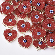 Druzy Resin Pendants, with Edge Light Gold Plated Iron Loops, Heart with Eye, Red, 22~23x19x5.5mm, Hole: 1.8mm(X-RESI-S383-012)