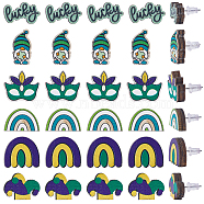 60Pcs 6 Styles Saint Patrick's Day Wood Stud Earrings, with 316 Stainless Steel Pins & 60Pcs Silicone Ear Nuts, Mask & Word Lucky & Rainbow & Gnome, Green, 10.5~16.5x8.5~17mm, 10Pcs/style(EJEW-SC0001-42)