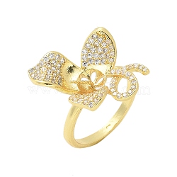 Flower Brass Micro Pave Cubic Zirconia Cuff Ring Settings, for Half Drilled Beads, Rack Plating, Long-Lasting Plated, Lead Free & Cadmium Free, Golden, US Size 6(16.5mm), Tray: 17x22.5mm, Pin: 5x0.7mm(KK-K297-08G)