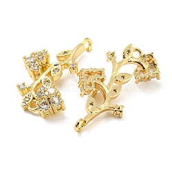 Brass Micro Pave Clear Cubic Zirconia Connector Charms, Rose & Leaf, Light Gold, 27x14x6mm, Hole: 1.5mm(KK-G478-01KCG)