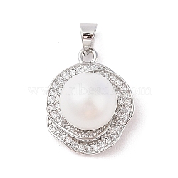 Brass Micro Pave Cubic Zirconia Pendants, with Plastic Imitation Pearl, Flower, White, 19x15.5x11mm, Hole: 4x5mm(ZIRC-I066-06P-01)