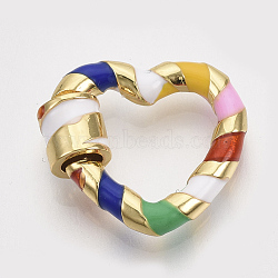 Brass Screw Carabiner Lock Charms, for Necklaces Making, with Enamel, Nickel Free, Heart, Real 18K Gold Plated, Colorful, 18x19.5x3~5.5mm(KK-T046-002G-NF)