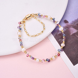 Brass Glass Seed Beaded Stretch Bracelets for Women, with Natural Fresh Water Pearl, Colorful, Inner Diameter: 2-3/8~2-7/8 inch(5.9~7.3cm)(BJEW-T022-09G)