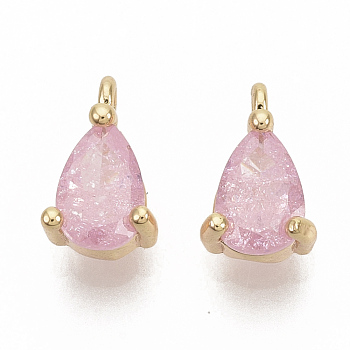 Brass Cubic Zirconia Charms, Teardrop, Pink, Nickel Free, Real 18K Gold Plated, 8.5x5x3.5mm, Hole: 1mm