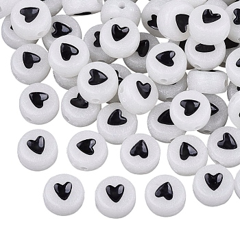 Luminous White Acrylic Beads, Flat Round with Black Heart, 7x3.5~4mm, Hole: 1.2mm, about 1436pcs/200g