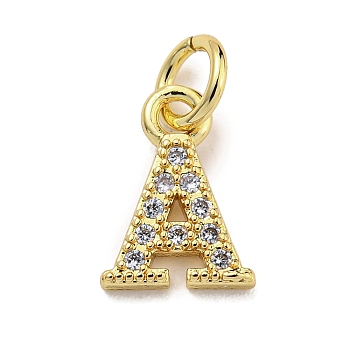 Initial Letter Brass with Cubic Zirconia Charms, Real 18K Gold Plated, Long-Lasting Plated, Lead Free & Cadmium Free, Letter A, 10.5x7.5x1.5mm, ring: 5x1mm, inner diameter: 3mm