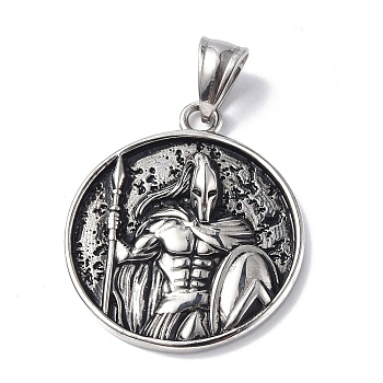 304 Stainless Steel Pendants, Flat Round with Spartan/Warrior Men Charm, Antique Silver, 35x30x6mm, Hole: 9.5x5mm