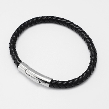 Braided Leather Cord Bracelets, with 304 Stainless Steel Bayonet Clasps, Black, 210x6mm