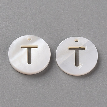 Natural Freshwater Shell Pendants, Flat Round with Letter, Letter.T, 12x1.5mm, Hole: 1mm