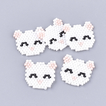 Handmade Kitten Japanese Seed Beads, Loom Pattern, Cat Head, White, 18.5~19x20x2mm