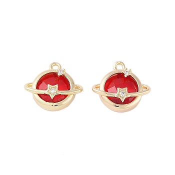 Golden Plated Brass Pendans, with Clear Cubic Zirconia and Glass, Planet Charms, Red, 15x16.5x6mm, Hole: 1.5mm