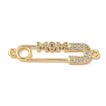 Brass Micro Pave Clear Cubic Zirconia Connector Charms, Paper Clip Links with Word Mom, Real 18K Gold Plated, 37x9x2mm, Hole: 1.5mm